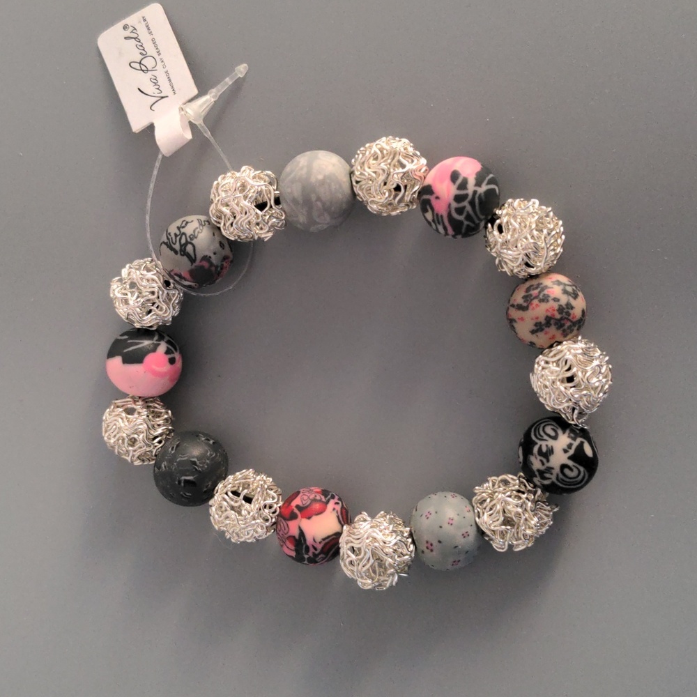 NWT Viva Beads Handmade Clay Bracelet Stretch Candy Apple Pink Purple Silver